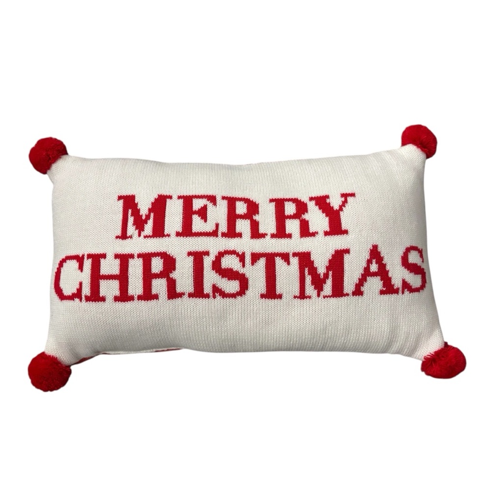 Merry Christmas Target white & red knit lumbar pillow holiday decor Pom-poms